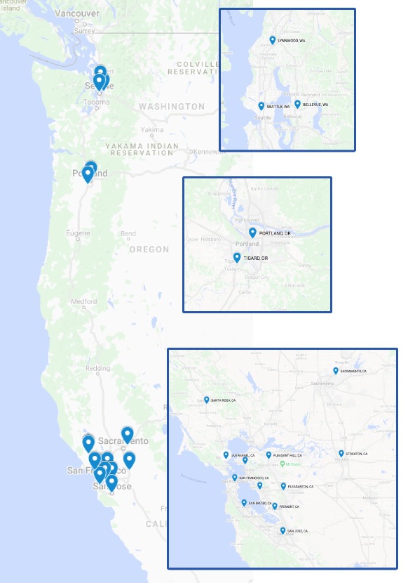 Map of TAP Plastics Locations in California, Oregon, and Washington