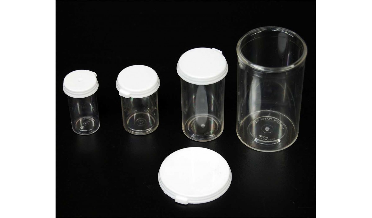 Vial, polystyrene and plastic, clear and white, 1-1/2 x 1-inch small vial  with snap on cap. Sold per pkg of 6. - Fire Mountain Gems and Beads