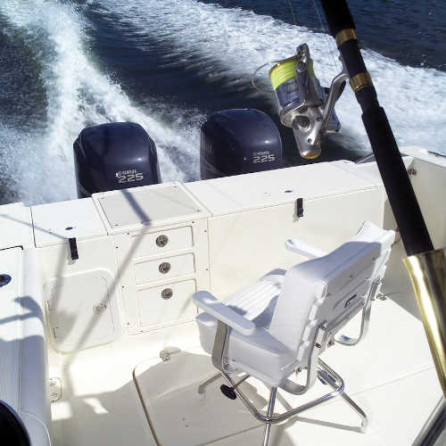 Rear deck of boat with plastic transom